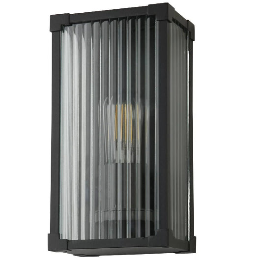 Modern Black Outdoor Wall Light with Clear Ribbed Glass IP44