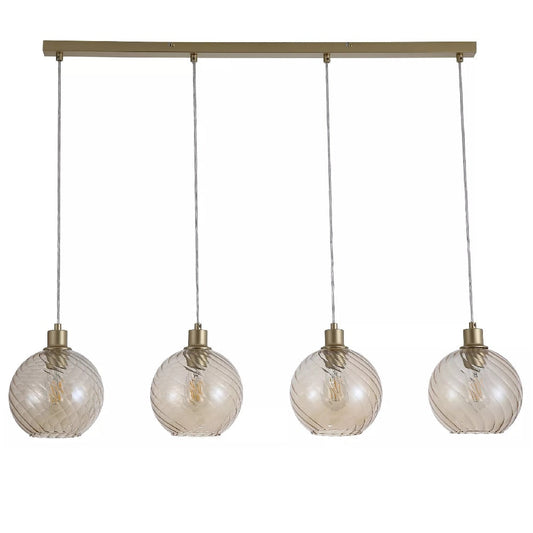 Gold Modern 4 Light Pendant Bar with Champagne Swirl Glass Shades 110cm