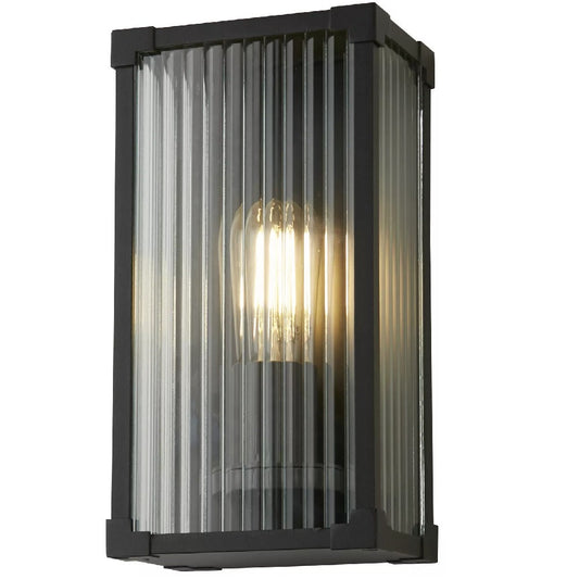 Modern Black Outdoor Wall Light with Clear Ribbed Glass IP44