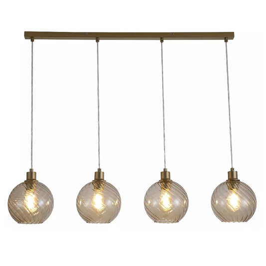 Gold Modern 4 Light Pendant Bar with Champagne Swirl Glass Shades 110cm