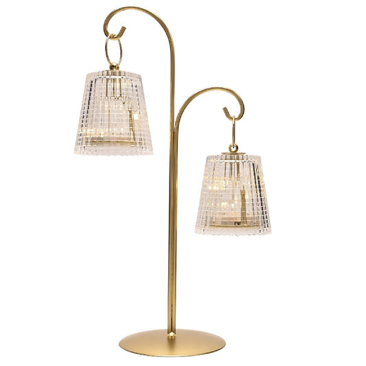 Gold and Ribbed Glass Twin Hanging Lantern Battery Powered LED Table Lamp 40cm