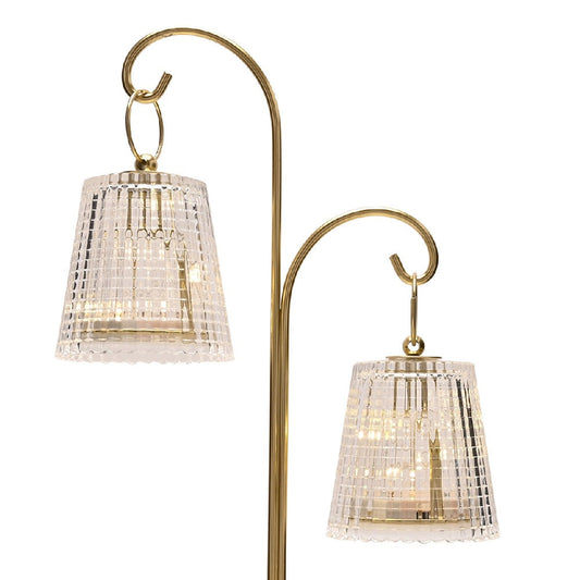 Gold and Ribbed Glass Twin Hanging Lantern Battery Powered LED Table Lamp 40cm